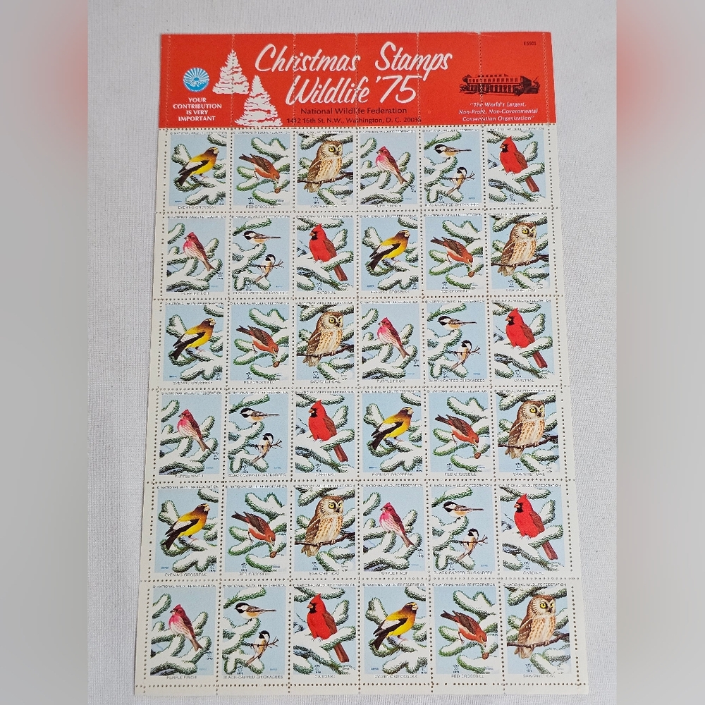 National Wildlife Federation Christmas Stamps 1975 Full Sheet of 36, Birds Owl